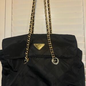 Prada Black Quilted Nylon Shoulder Bag with Gold Chain